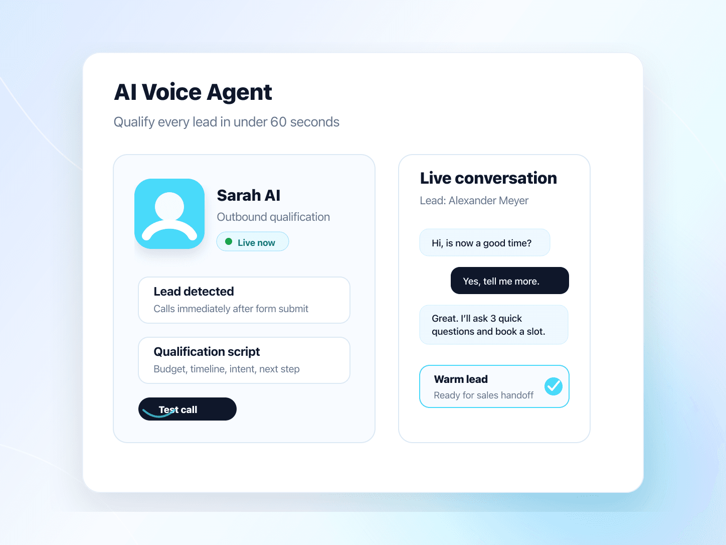 Famulor AI voice agent dashboard with live conversation and lead qualification