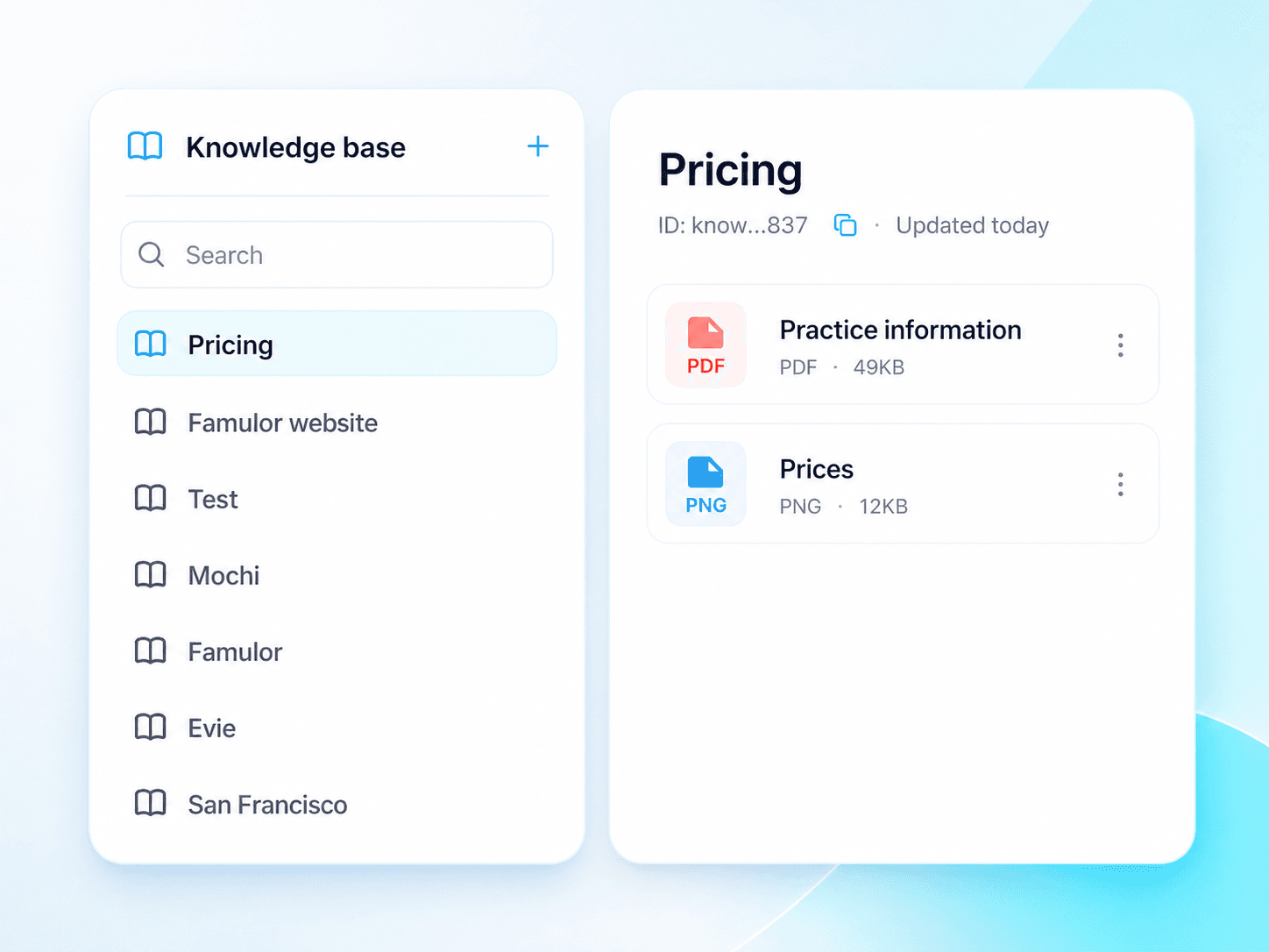 Famulor knowledge base dashboard with documents and pricing files